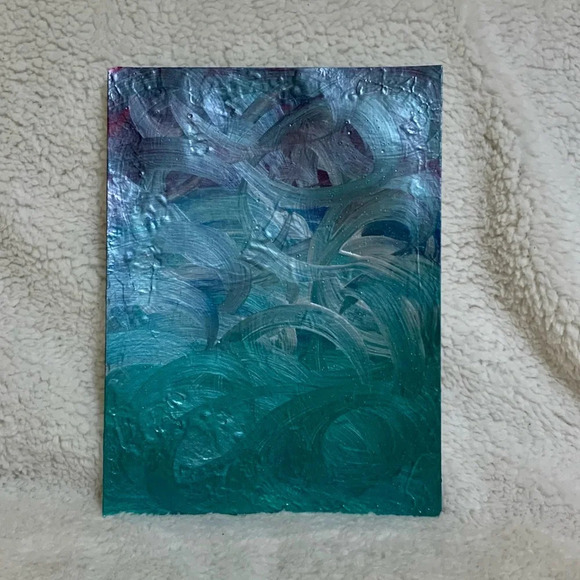 9x12 Artwork with metallic silver, wine, green and blue - Picture 2 of 6